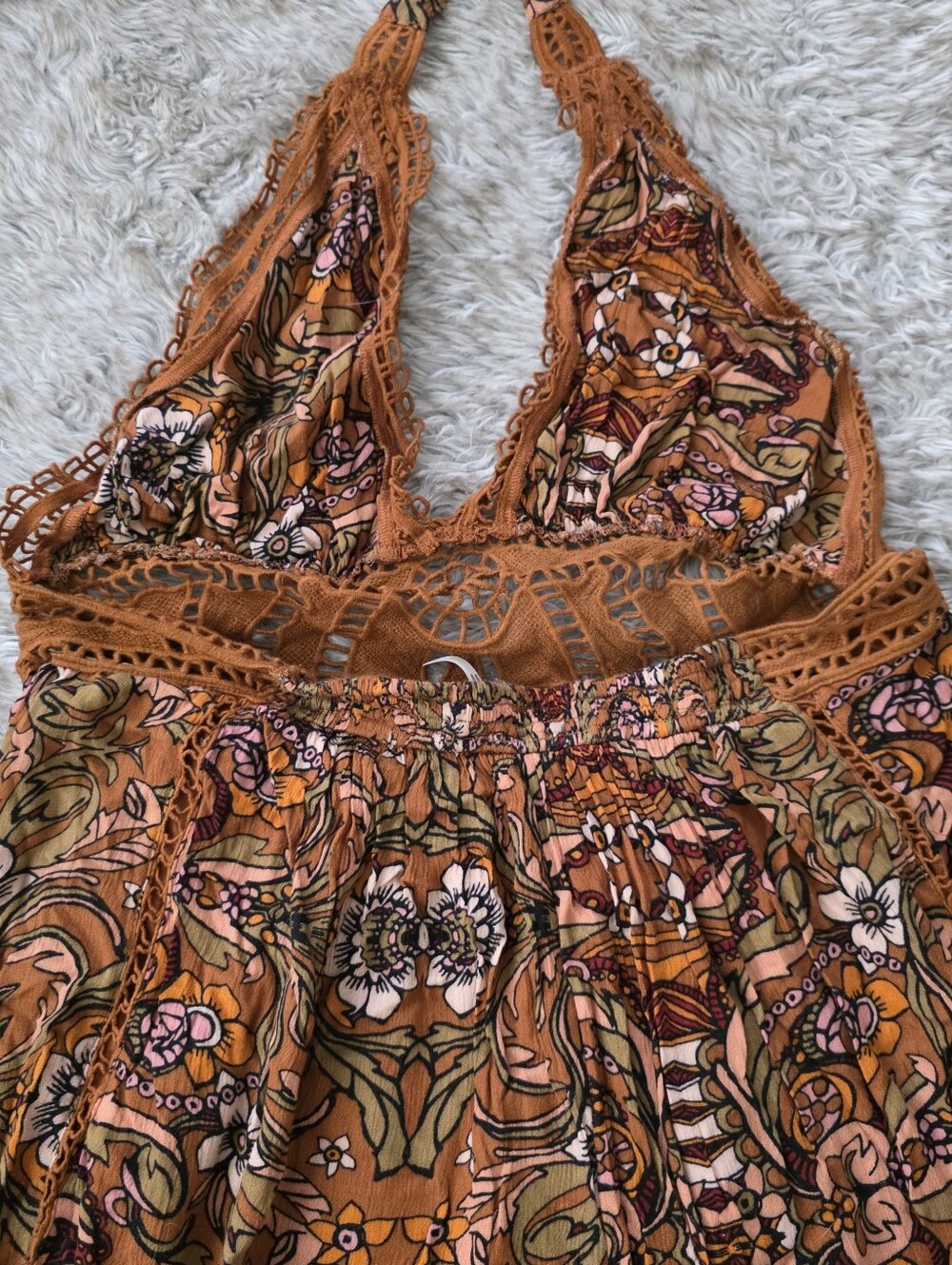 Free People Boho Floral Halter Jumpsuit Brown & Rust Orange Women's Size Large - Picture 10 of 13